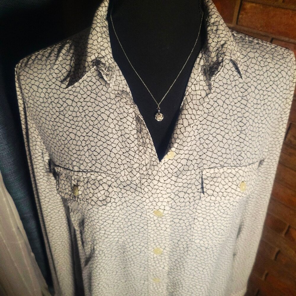 LOFT Women's White Black Abstract Print Button Up Roll Tab Sleeve Blouse - Sz